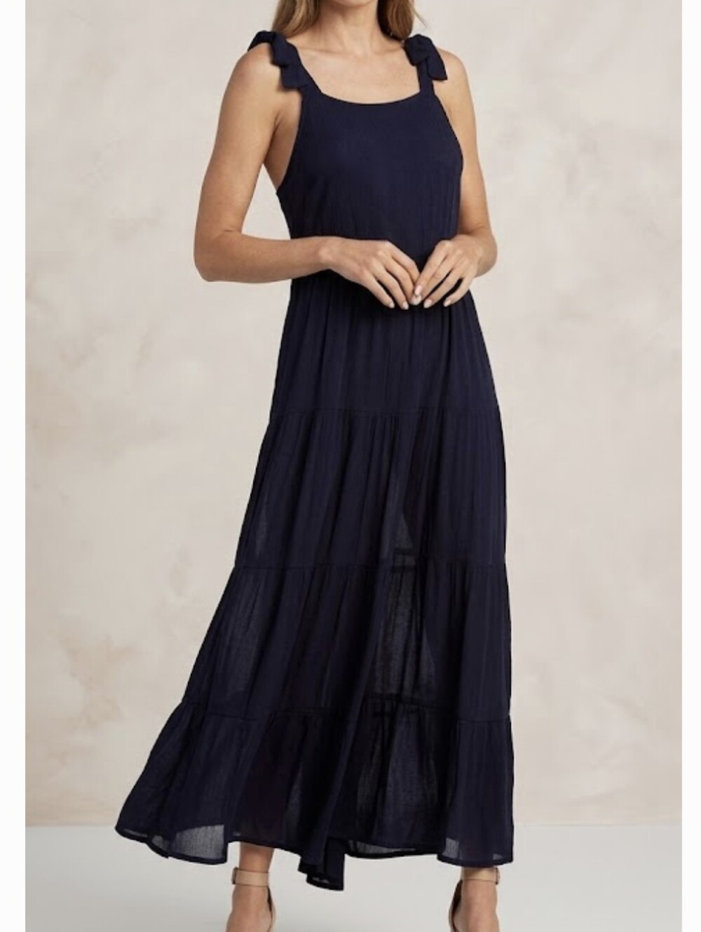 Mud Pie Navy Boho Tiered Tie Shoulder Midi Dress S